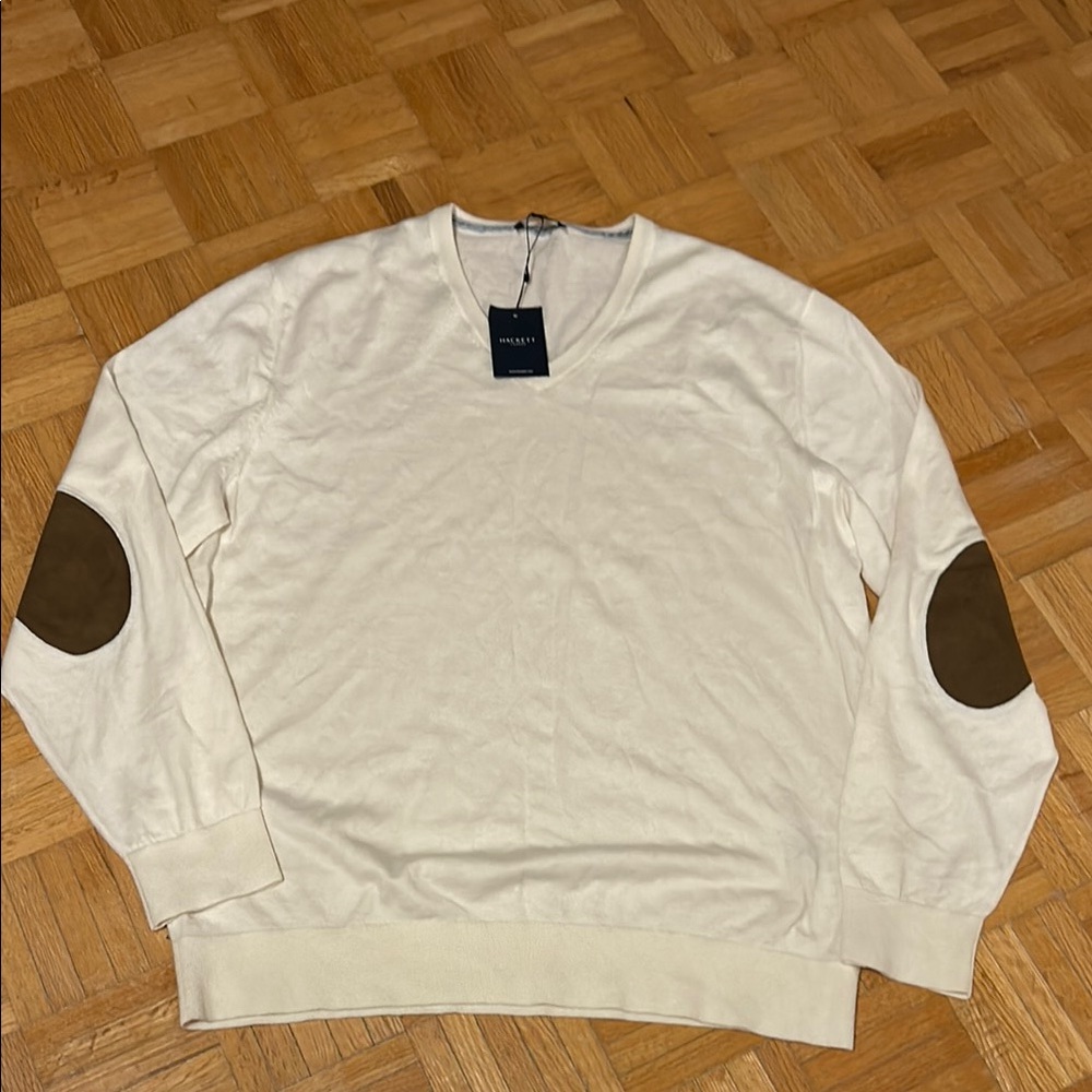Hackett Men's Cream Sweater with Brown Elbow Patches